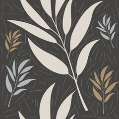 Gray Botanical Seamless Pattern, Neutral Leaves Vector Background