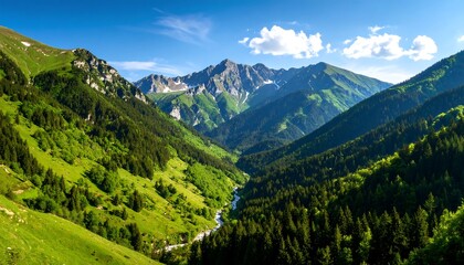 Lush mountain valley under a vibrant sky