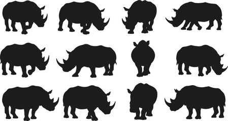 Black rhinoceros silhouette set featuring twelve unique poses and angles, vector illustration for wildlife, nature, safari, animal, and conservation themes