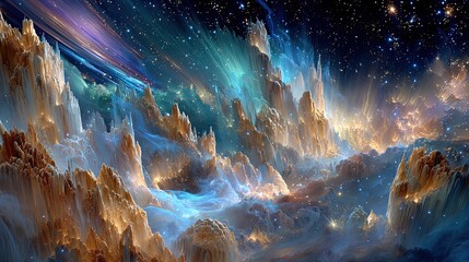 Cosmic Landscape With Glowing Mountains