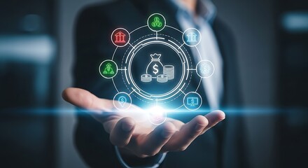 Person holding financial management icons and money bag in a circular diagram finance business