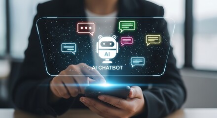 Person interacting with AI chatbot interface on smartphone with chat bubbles artificial intelligence