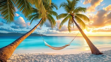 Idyllic tropical beach sunset with two palm trees gently swaying over a tranquil hammock, offering a perfect escape for relaxation by the calm turquoise ocean - Powered by Adobe
