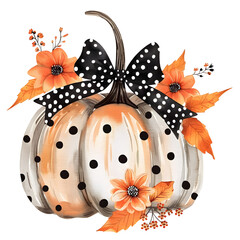 Watercolor Pumpkin with a polka dot black bow
