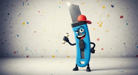 Cartoon Cutter Tool Character Wearing Red Hat Holding Scroll on Splattered Wall
