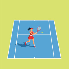 A female tennis player in a red dress powerfully serves the ball on a blue court.