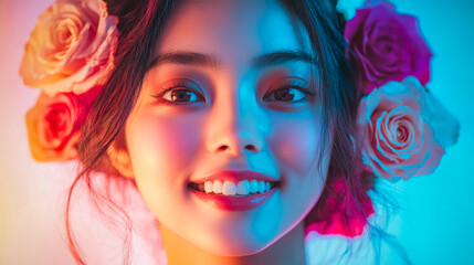 Naklejka premium Under colorful lights, a woman smiles with radiant flowers in her hair, reflecting a blend of artistry and floral grace.