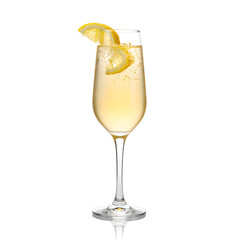 Refreshing French 75 cocktail in a tall glass with lemon twist Elegant and vibrant on a crisp white backdrop, isolated