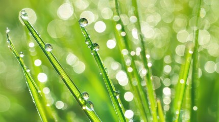 Fresh spring morning scene with glistening dew drops on delicate green grass blades.