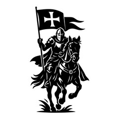 Medieval Knight with Flag on Horseback Vector Silhouette