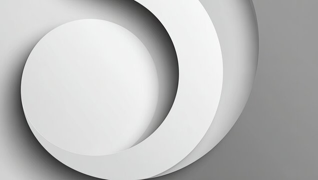 Abstract, three-dimensional, white shapes on a gray background.  Swirling, layered circles and curves create a dynamic, modern design
