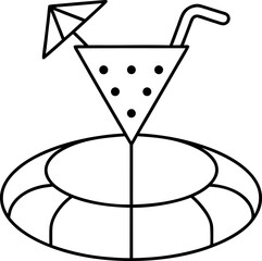 Black and white summer illustration with cocktail umbrella straw and inflatable ring simple line art for vacation concepts