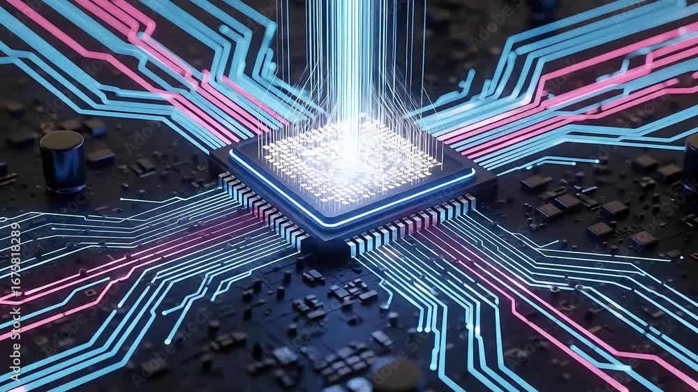 Aufkleber closeup of a futuristic computer processor with glowing circuits 4k video