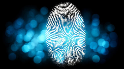 Glowing fingerprint concept for digital security and biometric identification. This modern cyber technology provides secure access and protects personal identity and data