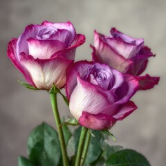 Obraz premium Three Elegant Pink and Purple Roses in Soft Natural Light