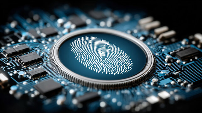 Glowing fingerprint on digital circuit board symbolizes modern biometric security technology. This futuristic concept represents cybersecurity, authentication, and secure access control