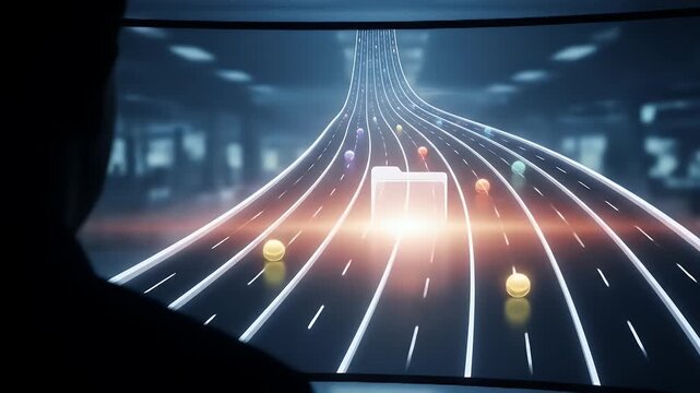 Silhouette torso faces an ops-bay screen; curved lanes guide orbs as a folder icon pulses mid-lane during a smooth, textless handover sequence
