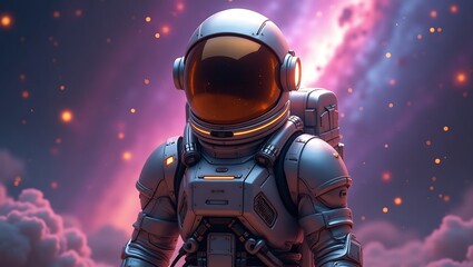 Astronaut stands against cosmic background symbolizing space exploration and future technology achievements dreamlike atmosphere and exploration
