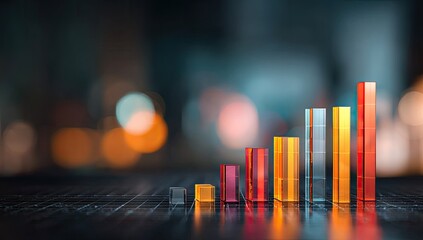 Colorful, translucent bar graph on dark surface, bokeh background