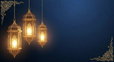 Obraz premium Ramadan's Glow Golden Lanterns Illuminating the Night in a Deep Blue Ambiance