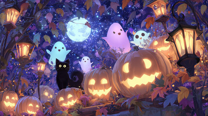 Illustration kawaii et envoûtante d’Halloween avec citrouilles lumineuses, fantômes amicaux et chat noir