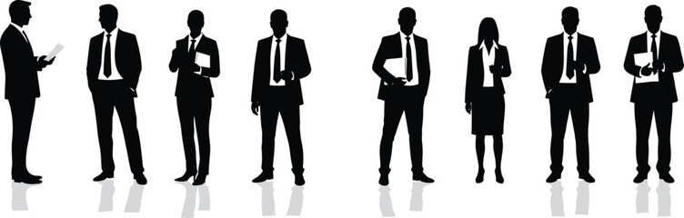 Silhouettes of diverse business professionals in suits, holding documents and briefcases, standing in a row, isolated on white background