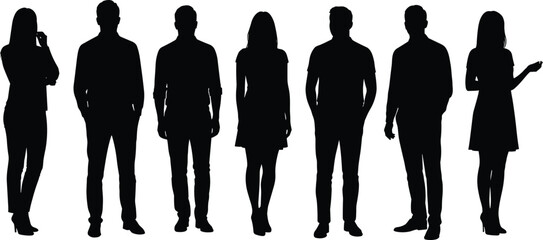 Silhouettes of diverse group of people, standing in different poses, casual and formal attire, isolated on white background
