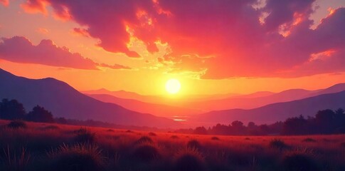 Obraz premium A vibrant sunrise paints the eastern sky with fiery oranges and soft pinks, casting a warm glow over a tranquil landscape Perfect for travel, nature, or inspirational projects , sky, sea