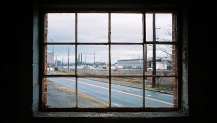 Industrial cityscape view through a grimy window