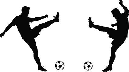 Silhouettes of two soccer players practicing freestyle ball control, skill moves, and football tricks on a white background ©  Creative vectors