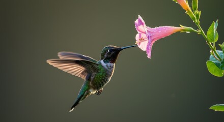 Fototapeta premium A hummingbird, wings outstretched, hovers near a vibrant pink flower, its delicate form illuminated by soft, natural light.