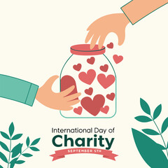 Hands place and hold a jar filled with pink hearts for charity