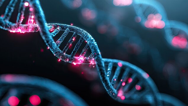 DNA double helix, glowing with vibrant pink and blue particles