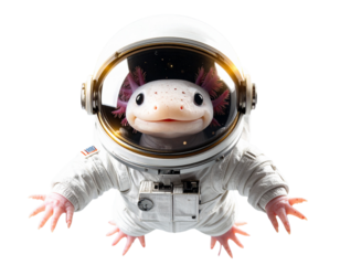 LAstronaut Axolotl Floating in Space, Front View, Transparent Background PNG