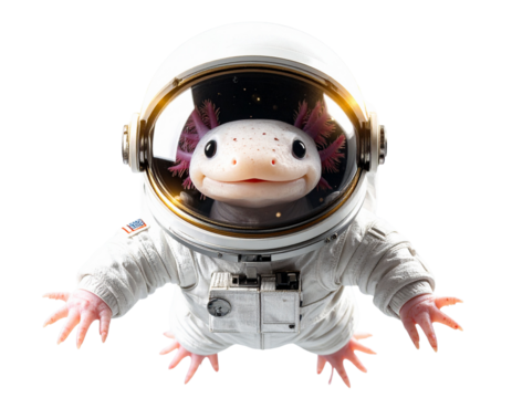 LAstronaut Axolotl Floating in Space, Front View, Transparent Background PNG