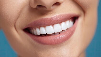 Obraz premium Close-up of a woman's mouth with a wide, healthy smile, showcasing perfectly white teeth and a soft, pink lip color