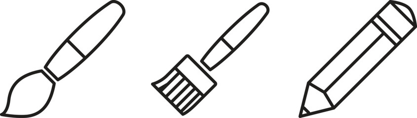Simple Line Art Illustration of Paintbrushes and a Pencil on White