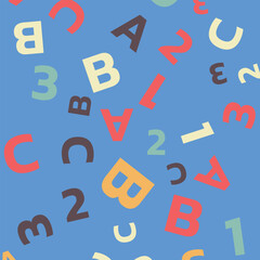 Seamless vector pattern. different letters ABC and numbers 1, 2, 3. Colorful school pattern with font characters A, B, C, 1, 2, 3 for children. Multicolor background for kids. Vector illustration.