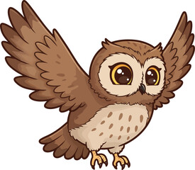A cartoon owl with brown feathers and large eyes spreading its wings on a white background illustration