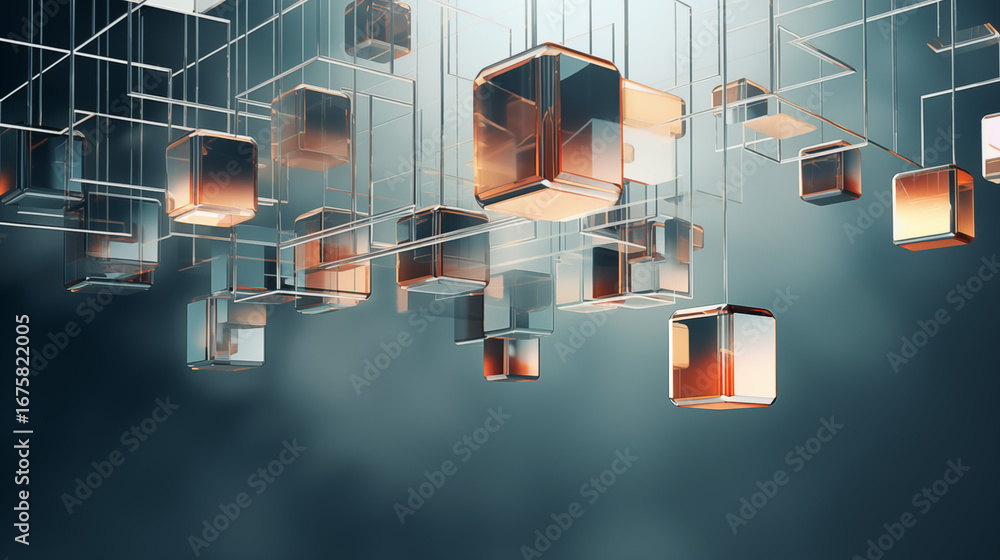 Fototapete abstract background with geometric cubes floating in the air and creating a modern and futuristic de