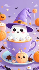 Fototapeta premium Marshmallow ghost in teacup with witch hat. Cute ghost with a witch hat in a cup.