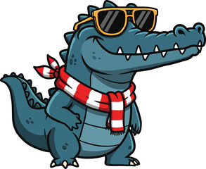 A cartoon alligator wearing sunglasses and a scarf standing on a white background with a smile