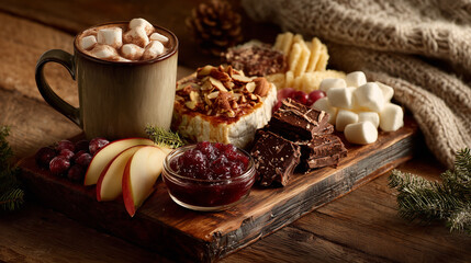 A cozy winter dessert platter featuring a hot chocolate mug with marshmallows, sliced apples, a baked brie with nuts, and a variety of chocolates and other treats on a rustic wooden board