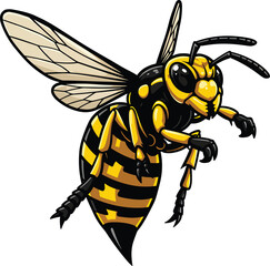 Cartoon illustration of a yellow jacket wasp with black stripes and transparent wings in flight view