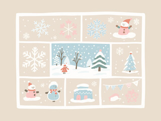 Retro and pop, simple Winter illustration set. Cute. Simple. Event. snow. season. cold