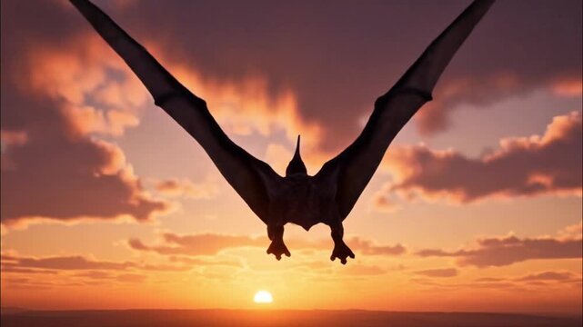 Flying pterosaur silhouette against sunset sky
