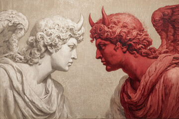 Two figures of an angel and a demon opposite each other, white and black. The confrontation of good and evil