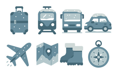 Travel icons: luggage, train, bus, car, plane, map, boots, compass