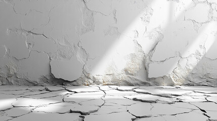 Cracked white wall and floor with sunlight beams in empty room