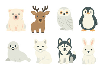 Fototapeta premium Cute winter animals: polar bear, deer, owl, penguin, seal, arctic fox, husky, rabbit